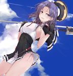  :d bangs belt black_capelet black_dress black_gloves breasts capelet commentary_request dress glaive gloves kantai_collection large_breasts mechanical_halo neck_ribbon open_mouth panties parted_bangs purple_eyes purple_hair red_ribbon remodel_(kantai_collection) ribbon short_hair side-tie_panties smile solo tatsuta_(kantai_collection) underwear yumesato_makura 