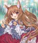  :d animal_ears bad_id bad_pixiv_id brown_hair dress embellished_costume fang frilled_sleeves frills imaizumi_kagerou long_hair long_sleeves marker_(medium) nail_polish open_mouth red_eyes red_nails rui_(sugar3) smile tail touhou traditional_media wide_sleeves wolf_ears wolf_tail 