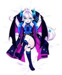  :d absurdres arms_behind_head bandaid bandaid_on_knee bed_sheet black_wings blue_dress blue_eyes blue_neckwear dress elsword fang from_above hair_between_eyes highres kneehighs kuro_(kuronell) long_hair looking_at_viewer luciela_r._sourcream lying necktie no_shoes on_back open_mouth ponytail shiny shiny_skin short_dress silver_hair sleeveless sleeveless_dress smile solo timoria_(elsword) torn_clothes torn_legwear very_long_hair white_background wings 