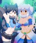  :d ;d abs african_elephant_(kemono_friends) animal_ears arm_up armpits bare_shoulders belt bikini black_gloves black_hair black_legwear black_neckwear black_shorts blue_legwear blue_shirt breasts brown_eyes cleavage commentary cowboy_shot crop_top cropped_shirt cutoffs dark_skin day denim denim_shorts elbow_gloves elephant_ears elephant_tail extra_ears eyebrows_visible_through_hair gloves hand_up hands_up holding_hands indian_elephant_(kemono_friends) interlocked_fingers kemono_friends large_breasts long_hair looking_at_viewer medium_breasts midriff multicolored_hair multiple_girls navel necktie no_bra one_eye_closed open_mouth outdoors outstretched_arm quatre_aaaa reaching_out scarf shiny shiny_hair shirt short_hair short_shorts shorts silver_hair skindentation sleeveless sleeveless_shirt smile standing stomach swimsuit tail thighhighs toned two-tone_hair white_hair 