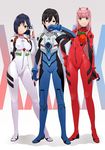  2girls akuan_(7jackpot7) ass_visible_through_thighs ayanami_rei ayanami_rei_(cosplay) black_hair blue_bodysuit blue_eyes bodysuit color_connection commentary_request contrapposto cosplay covered_nipples darling_in_the_franxx full_body green_eyes hairband highres hiro_(darling_in_the_franxx) horns ichigo_(darling_in_the_franxx) ikari_shinji ikari_shinji_(cosplay) long_hair looking_at_viewer multiple_girls neon_genesis_evangelion number pilot_suit pink_hair plugsuit red_bodysuit short_hair skin_tight souryuu_asuka_langley souryuu_asuka_langley_(cosplay) standing trait_connection white_bodysuit zero_two_(darling_in_the_franxx) 