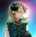  alternate_hairstyle arm_garter ascot backlighting black_gloves bow bow_earrings brooch closed_eyes collar commentary_request diffraction_spikes dress earrings frilled_collar frilled_sleeves frills gloves green_dress hair_bow hair_down idolmaster idolmaster_cinderella_girls idolmaster_cinderella_girls_starlight_stage interlocked_fingers jewelry key key_necklace lace lace-trimmed_gloves lens_flare light_brown_hair long_hair morikubo_nono necklace okeno_kamoku parted_lips short_sleeves signature smile solo sparkle striped striped_bow upper_body 