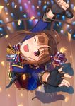  black_footwear black_gloves blue_bow blush boots bow breasts brown_hair confetti drill_hair fingerless_gloves gloves hair_bow high_heel_boots high_heels highres holding holding_microphone idolmaster idolmaster_million_live! idolmaster_million_live!_theater_days kamille_(vcx68) looking_at_viewer medium_breasts microphone one_eye_closed open_mouth purple_eyes royal_starlet short_hair side_drill smile solo teeth yokoyama_nao 