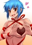  :d bangs blue_hair blush breasts brown_eyes chocolate_on_breasts collarbone covered_nipples dark_skin dha gradient gradient_background heart heart-shaped_boob_challenge highres looking_at_viewer medium_breasts menad_shisei naked_ribbon open_mouth rance_(series) red_ribbon ribbon shiny shiny_hair shiny_skin short_hair smile solo tareme underboob upper_body 