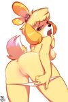  2018 animal_crossing anthro anus bell blonde_hair blush breasts butt canine clothed clothing compression_artifacts dated dog female fur grey_eyes hair half-closed_eyes hi_res isabelle_(animal_crossing) jingle_bell looking_at_viewer mammal nintendo nipples nose_blush open_mouth panties panty_pull presenting pussy pussy_juice rear_view shih_tzu short_hair signature simple_background solo standing teeth topknot topless uncensored underwear video_games white_background yellow_fur zero-sum 