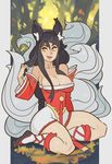  ahri animal_ears bare_shoulders black_hair breasts cleavage detached_sleeves fang fox_ears fox_girl fox_tail full_body hand_in_hair highres korean_clothes league_of_legends long_hair medium_breasts off_shoulder open_mouth sitting smile solo splashbrush tail wide_sleeves yellow_eyes 