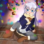  1girl arm_support aruta_(omoalta) black_legwear blue_eyes blue_jacket blush boots brown_footwear brown_gloves confetti embarrassed eyebrows_visible_through_hair female full_body fur_trim gloves gochuumon_wa_usagi_desu_ka? hair_ornament hand_on_own_chest hand_up highres jacket kafuu_chino long_hair long_sleeves looking_at_viewer mittens open_mouth pantyhose peeing peeing_self pleated_skirt puddle silver_hair sitting skirt solo spread_legs trembling wet_clothes white_skirt x_hair_ornament 