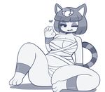  &lt;3 2018 animal_crossing ankha anthro areola breasts cat digital_media_(artwork) egyptian feline female hair looking_at_viewer mammal monochrome nintendo one_eye_closed open_mouth pinkcappachino short_hair simple_background solo video_games white_background wink wraps 