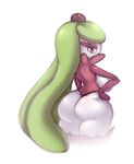  2017 big_butt breasts butt elfdrago female flora_fauna green_hair hair humanoid long_hair looking_at_viewer looking_back nintendo not_furry plant pok&eacute;mon pok&eacute;mon_(species) presenting purple_eyes rear_view simple_background solo standing thick_thighs tsareena video_games white_background 