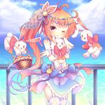  ;d ahoge animal_print antenna_hair azur_lane bailey_(azur_lane) basket blue_sky bunny bunny_hair_ornament bunny_print commentary_request day doll_hug floating garter_straps hair_ornament holding horizon long_hair looking_at_viewer ocean one_eye_closed open_mouth orange_eyes orange_hair sakurato_ototo_shizuku side_ponytail sky smile stuffed_animal stuffed_bunny stuffed_toy white_legwear wrist_cuffs 