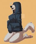  4_toes anthro bottomless breasts canine claws clothed clothing digital_media_(artwork) female fur hecatta hoodie mammal open_mouth pawpads simple_background solo teeth toe_claws toes tongue white_fur 