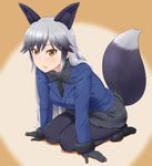  :d animal_ears black_gloves black_legwear blush bow bowtie breasts brown_eyes extra_ears fox_ears fox_tail gloves grey_hair kemono_friends long_hair looking_at_viewer medium_breasts necktie open_mouth pantyhose pleated_skirt seiza shikuta_maru silver_fox_(kemono_friends) sitting skirt smile solo tail 