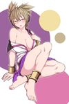  anklet bare_legs bare_shoulders barefoot blush bracelet breasts brown_eyes brown_hair collarbone commentary_request earmuffs feet half-closed_eyes jewelry kuroba_rapid large_breasts no_bra off_shoulder open_mouth purple_skirt shirt_pull skirt thighs touhou toyosatomimi_no_miko undressing 