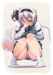  absurdres arm_strap black_hairband black_ribbon blue_eyes blush bow bow_panties covered_mouth full-face_blush full_body green_skirt green_vest hair_ribbon hairband hand_on_own_knee highres hitodama knees_together_feet_apart konpaku_youmu konpaku_youmu_(ghost) long_sleeves looking_down miniskirt no_shoes onsen_mikan panties pantyshot pantyshot_(squatting) raised_eyebrows ribbon shiny shiny_hair shiny_skin short_hair silver_hair simple_background skirt socks solo squatting thighs touhou underwear upskirt vest white_legwear yellow_background 