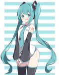  aqua_eyes aqua_hair bad_id bad_pixiv_id blush commentary_request detached_sleeves hatsune_miku highres long_hair necktie no_pants panties relila solo striped striped_background striped_panties thighhighs twintails underwear very_long_hair vocaloid wavy_mouth 