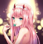  aqua_eyes bangs blurry blurry_background blush candy commentary darling_in_the_franxx depth_of_field eyebrows_visible_through_hair food from_side holding holding_lollipop horns lollipop long_hair looking_at_viewer looking_to_the_side natsumii_chan nude parted_lips pink_hair solo very_long_hair zero_two_(darling_in_the_franxx) 