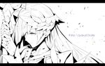  armor asymmetrical_bangs bangs brynhildr_(fate) commentary_request copyright_name fate/grand_order fate_(series) gauntlets greyscale laurel_crown long_hair looking_to_the_side monochrome pursed_lips shoulder_armor sleeveless solo torichamaru twitter_username upper_body white_background 