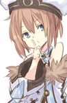  bare_shoulders blanc blancpig_yryr blue_eyes blush brown_hair finger_to_mouth fur_trim hat index_finger_raised looking_at_viewer neptune_(series) short_hair shushing solo 
