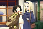  aleksandra_i_pokryshkin bag bandage_on_face bandages bangs blonde_hair blue_coat blue_eyes blue_hairband blurry blush brave_witches brown_coat brown_gloves buttons closed_eyes coat depth_of_field door eyebrows feeding food fur_collar gloves hairband handbag holding holding_bag holding_food holding_paper kanno_naoe lamppost long_hair long_sleeves looking_at_another multiple_girls open_mouth outdoors paper paper_bag parted_bangs sandwich scarf shiratama_(hockey) smile standing straight_hair window world_witches_series yellow_scarf 