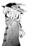  alternate_costume closed_mouth coat commentary food from_side fruit greyscale hand_in_pocket hat highres hinanawi_tenshi leaf long_hair long_sleeves monochrome nibi peach scarf solo touhou white_background 