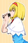  alice_margatroid bangs blonde_hair colorized dress eating food holding holding_food looking_at_viewer multicolored multicolored_background nirap sexually_suggestive solo sushi touhou 