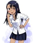  774_(nanashi) akanbe black_hair blush brown_eyes commentary_request cowboy_shot dark_skin dress_shirt hair_ornament hairclip hand_on_hip ijiranaide_nagatoro-san long_hair looking_at_viewer nagatoro nail_polish pleated_skirt shirt simple_background skirt solo tongue tongue_out white_shirt 