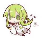  androgynous enkidu_(fate/strange_fake) fate/strange_fake fate_(series) feathers flying full_body green_eyes green_hair long_hair looking_at_viewer nuu_(nu-nyu) simple_background solo waving white_background white_robe 