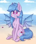  2018 :3 animated bat_pony bat_wings beach blep blue_hair blush chest_tuft cloud cute cutie_mark dsp2003 equine eyelashes eyes_visible_through_hair fan_character female feral full-length_portrait fur hair hi_res inner_ear_fluff long_hair looking_at_viewer mammal marine membranous_wings my_little_pony nude outside pink_eyes portrait sea seaside shadow signature sitting sky slit_pupils solo starfish tongue tongue_out tuft water wings 