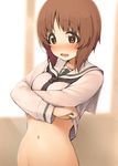  araki_mitsuru blush bottomless breasts bright_pupils brown_eyes brown_hair commentary_request eyebrows_visible_through_hair girls_und_panzer highres long_sleeves medium_breasts navel nishizumi_miho ooarai_school_uniform open_mouth out-of-frame_censoring sailor_collar sailor_shirt shirt shirt_lift short_hair solo upper_body wavy_mouth white_pupils 
