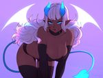  :q bare_shoulders bent_over black_gloves black_legwear blue_eyes borrowed_character breasts cleavage collar collarbone dark_skin demon_girl demon_horns demon_tail demon_wings elbow_gloves gloves glowing glowing_eyes horns large_breasts licking_lips long_hair looking_at_viewer original pointy_ears razalor slush_(norasuko) smile solo tail thighhighs tongue tongue_out white_hair wings 