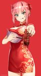  :q artist_name bangs bowl breast_lift breasts carbon12th china_dress chinese_clothes chocolate cleavage_cutout cowboy_shot darling_in_the_franxx dress eyebrows_visible_through_hair eyeshadow flower food food_on_breasts food_on_face foreshortening green_eyes hair_flower hair_ornament hair_up highres holding holding_bowl holding_food horns licking_lips long_hair looking_at_viewer makeup meat medium_breasts outstretched_arm pink_hair red_background red_flower sharing_food short_dress short_sleeves sidelocks simple_background solo tongue tongue_out valentine zero_two_(darling_in_the_franxx) 