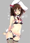  :d animal_ears arms_behind_back bangs bare_shoulders bikini black_bikini black_legwear black_neckwear blush bow breasts breasts_apart brown_hair bunny_ears bunny_tail cowboy_shot detached_collar ear_ribbon fang fishnet_legwear fishnets grey_background groin heart inaba_tewi ippongui looking_at_viewer medium_breasts motion_lines navel necktie nose_blush open_mouth pink_eyes red_ribbon ribbon shiny shiny_skin short_hair simple_background small_breasts smile solo speech_bubble spoken_heart standing steaming_body stomach sweat swimsuit tail touhou 