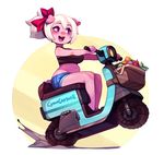  2018 absurd_res anthro belly clothed clothing cyancapsule digital_media_(artwork) ear_piercing emelie female food groceries hair hi_res mammal moped navel open_mouth piercing pig porcine purple_eyes short_stack sitting slightly_chubby solo vehicle white_hair 