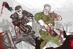  armor artist_request bandaged_arm bandages berserk blood blood_on_face bloody_clothes crossover demon doom_(game) doomguy grin gun guts mechanical_arm multiple_boys sketch smile sword thumbs_up weapon 
