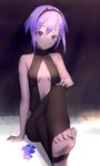  absurdres bare_shoulders barefoot black_hairband breasts center_opening closed_mouth crossed_legs dark_skin fate/grand_order fate/prototype fate/prototype:_fragments_of_blue_and_silver fate_(series) feet flower full_body hairband hassan_of_serenity_(fate) highres looking_at_viewer medium_breasts purple_eyes purple_hair short_hair sitting soles toeless_legwear toes virtu.al 
