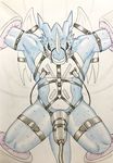 2018 anthro bdsm blue_skin bondage bound bound_wings breast_milking digimon dragon exveemon eyes_closed gag gagged hi_res horn lactating male markings membranous_wings muzzle_(object) muzzled nude penis penis_milking scalie solo sweat traditional_media_(artwork) wings zazpihuts 