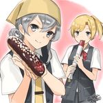  :3 asymmetrical_hair bandana bangs black_vest blonde_hair blouse blue_eyes blush bow bowtie breast_pocket buttons cowboy_shot derivative_work eclair_(food) eyebrows_visible_through_hair flipped_hair food hands_up holding holding_food kantai_collection looking_at_viewer maikaze_(kantai_collection) multiple_girls nowaki_(kantai_collection) parody parted_bangs pocket ponytail red_bow red_neckwear school_uniform short_hair short_ponytail short_sleeves silver_eyes silver_hair smile swept_bangs tie_clip torpedo twitter_username upper_body vest white_blouse yamashiki_(orca_buteo) yellow_neckwear 