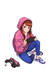  bangs blue_pants blush brown_eyes brown_hair bunny d.va_(overwatch) eyebrows eyelashes facial_mark fingernails grin gun handgun handheld_game_console highres holding hood hood_up hoodie lapucelle_(arasoo1210) long_hair long_sleeves looking_at_viewer nintendo_switch overwatch pants pink_hoodie playing_games shadow shirt shoelaces shoes simple_background sitting smile sneakers solo straight_hair swept_bangs teeth weapon whisker_markings white_background white_shirt 