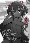  2018 :q absurdres blurry borrowed_character bow camisole candy chin_rest depth_of_field el-zheng eyebrows_visible_through_hair flat_chest food greyscale hair_bow hair_ornament happy_birthday highres indoors lollipop looking_at_viewer monochrome original short_hair short_shorts shorts sitting sky_(sky-freedom) solo strap_slip tongue tongue_out two_side_up 