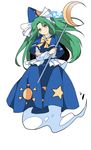  blue_capelet capelet crescent ghost_tail green_eyes green_hair hat haya_taro_pochi mima shirt smile staff touhou touhou_(pc-98) wizard_hat 