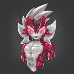  2018 abs anthro brown_collar canine collar costume digital_drawing_(artwork) digital_media_(artwork) grey_background leash lizaosan looking_at_viewer lycanroc male mammal midnight_lycanroc muscular muscular_male nintendo pok&eacute;mon pok&eacute;mon_(species) red_eyes rubber shiny simple_background solo video_games 