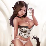  animal_ears animal_print bell bell_collar bottle breasts brown_hair cleavage collar corset cow_ears cow_girl cow_horns cow_print cow_tail cowboy_shot ear_tag highres holding_tail horiishi_horuto horns large_breasts long_hair looking_at_viewer milk milk_bottle navel navel_piercing no_pants original panties parted_lips piercing red_eyes signature skindentation solo standing tail underwear white_panties 