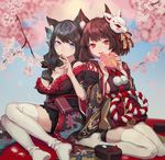  :d akabane_yu animal_ears azur_lane bangs black_footwear black_hair black_kimono black_skirt blue_eyes blurry blurry_background blush box breasts brown_hair cat_ears cat_mask cherry_blossoms chocolate chocolate_heart cleavage closed_mouth collarbone depth_of_field eyebrows_visible_through_hair feet_out_of_frame floral_print food footwear_removed fusou_(azur_lane) geta hair_over_eyes heart heart-shaped_box highres holding holding_box holding_food japanese_clothes kimono knees_together_feet_apart large_breasts long_hair long_sleeves looking_at_viewer low-tied_long_hair low_ponytail mask mask_on_head medium_breasts multiple_girls no_shoes open_mouth pleated_skirt print_kimono red_eyes red_ribbon ribbon rope shimenawa sideboob sitting skirt smile tassel thighhighs underbust upper_teeth wariza white_legwear wide_sleeves yamashiro_(azur_lane) yokozuwari 