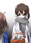  alternate_costume artist_name black_background brown_hair brown_scarf clear_file covered_mouth earmuffs from_behind gradient gradient_background green_jacket grey_scarf hair_ribbon high_ponytail highres jacket kaga_(kantai_collection) kantai_collection lawson long_hair mask momiji_(103) multiple_girls ribbon scarf shopping_basket side_ponytail striped striped_ribbon sunglasses surgical_mask twintails uniform white_background white_jacket zuihou_(kantai_collection) zuikaku_(kantai_collection) 