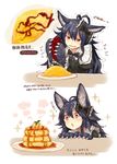  alternate_costume animal_ears blue_hair claws dress fenrir_(shingeki_no_bahamut) food frilled_dress frills granblue_fantasy highres ketchup long_hair omurice pancake paws plate red_eyes ribbon shingeki_no_bahamut sparkle sparkling_eyes sukemyon sweatdrop table tail translated white_background wolf_ears wolf_girl wolf_tail 