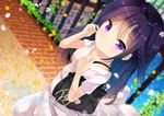  bag bangs blurry blurry_background blush braid breasts character_name chinomaron closed_mouth collarbone commentary_request day depth_of_field dress dutch_angle eyebrows_visible_through_hair gochuumon_wa_usagi_desu_ka? handbag hands_up happy_birthday highres long_hair looking_at_viewer outdoors petals purple_eyes purple_hair short_sleeves small_breasts smile solo tedeza_rize water white_dress 