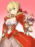  blonde_hair box braid breasts cleavage commentary_request dress epaulettes fate/extra fate_(series) gift gift_box gradient gradient_background green_eyes hair_bun hand_on_hip highres holding holding_gift jacket juliet_sleeves large_breasts long_sleeves nero_claudius_(fate) nero_claudius_(fate)_(all) pink_background puffy_sleeves red_dress red_jacket sidelocks solo sparkle tyone white_background wide_sleeves 