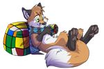  alpha_channel ambiguous_gender canine feral fluffy fluffy_tail fox mammal pawpads rubik&#039;s_cube scarf simple_background smile transparent_background waywardmutt 
