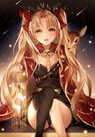  :d absurdres animal bad_id bad_pixiv_id bangs birdcage black_dress black_legwear blonde_hair bow breasts bug butterfly cage collarbone commentary_request deer dress earrings ereshkigal_(fate/grand_order) eyebrows_visible_through_hair fate/grand_order fate_(series) full_moon hair_bow highres holding insect jewelry junpaku_karen long_hair looking_at_viewer moon night night_sky open_mouth outdoors red_bow red_eyes revision single_thighhigh skull sky small_breasts smile solo spine star_(sky) starry_sky thighhighs two_side_up very_long_hair 