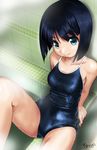  3: arm_support artist_name bangs bathroom bathtub black_hair blunt_bangs bob_cut commentary_request competition_school_swimsuit cowboy_shot eyebrows_visible_through_hair green_eyes looking_at_viewer one-piece_swimsuit original rohitsuka school_swimsuit shiny_swimsuit short_hair signature sitting solo steam swimsuit tiles wet 